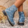 Dámské džínové kotníkové boty se silnou podrážkou 2025 podzimní móda batikované se zipem na boku westernové kovbojské boty dámské platformové boty plus size
