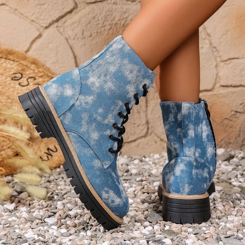Dámské džínové kotníkové boty se silnou podrážkou 2025 podzimní móda batikované se zipem na boku westernové kovbojské boty dámské platformové boty plus size