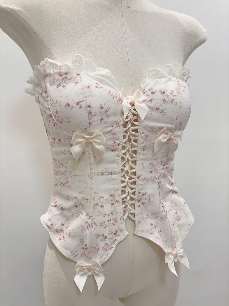 

Doll-like Pink Sweetie Fairy Embroidered Strapless Tie-Up Corset Top Large