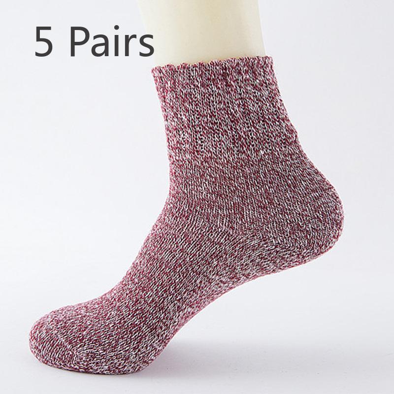 5 Pairs of Solid Color Thickened Warm Wool Socks for Autumn and Winter, Women's Ethnic Style Retro Mid-calf Socks