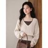 Luxiangnan French V-Neck Cable Knit Lantern Sleeve Sweater