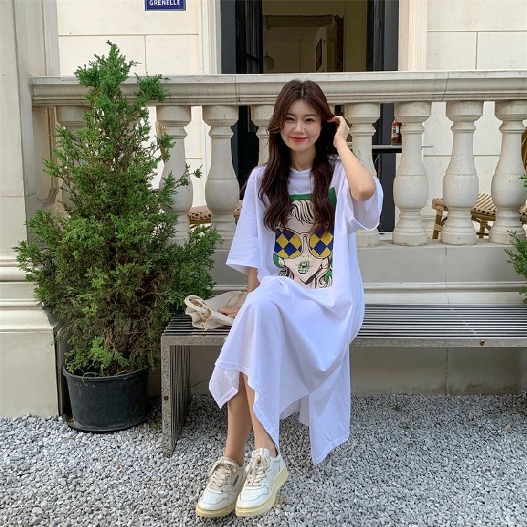 Rochie tricou de damă cu mânecă scurtă și gât rotund, mărime mare, cu croială lejeră, rochie lungă în stil relaxat, rochie de dormit până la genunchi