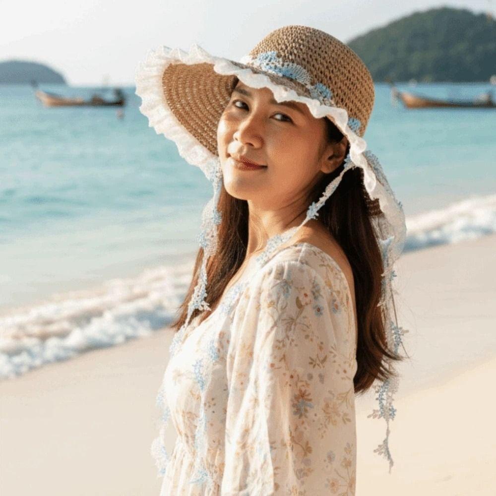 Breathable Vacation Beach Cap with Garland Woven Sun Cap Elegant Big Brimmed Straw Hat Women