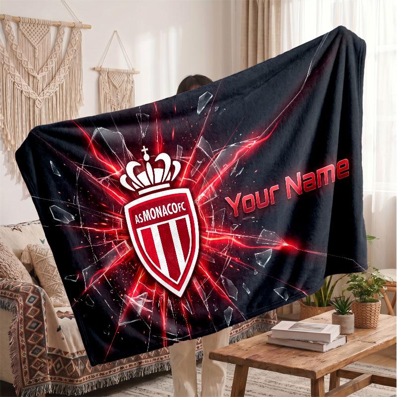 Monaco FC Personalized Fleece Blanket With Football Logo, Custom Name Text Soft Warm Home Throw Blanket