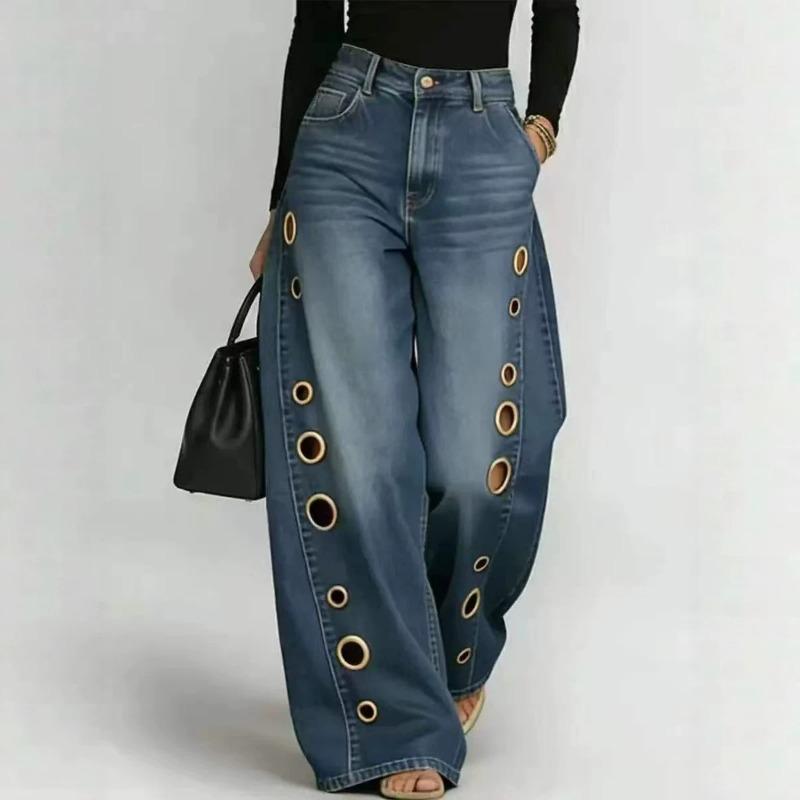 D Spring and Summer New Metal Heterosexual Corns European and American Women's Clothing Solid Color Horse Slip Loose Jeans Spot