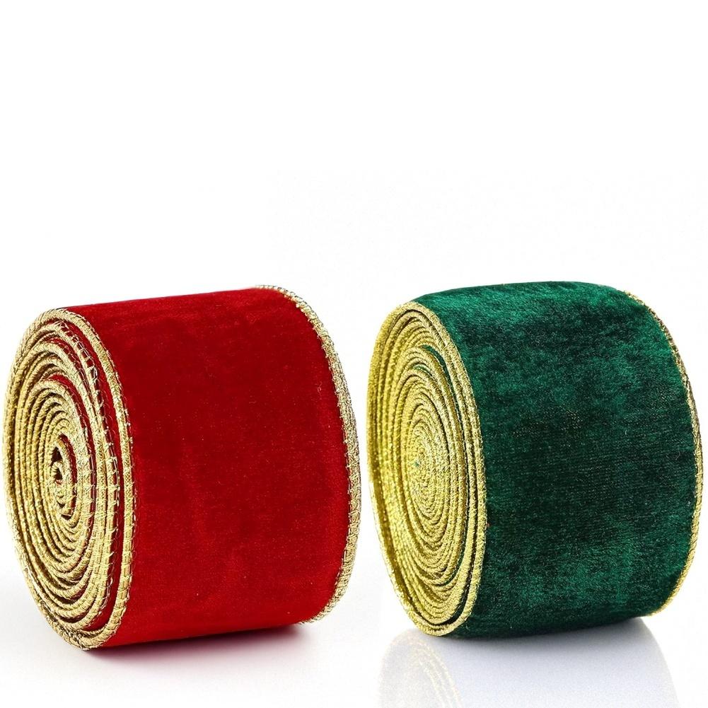Set of two gold edged flocking fabric ribbons suitable for Christmas tree decoration and holiday craft projects