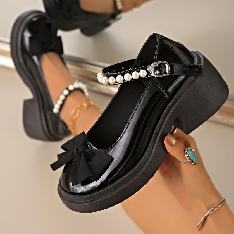 Mary Jane Shoes Women Spring New Sweet Bow Platform Platform Block Heel Pearl Versatile Single Shoes