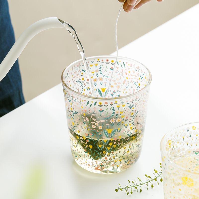 Heat Resistant Borosilicate Glass Flower Cup, Floral Glass Cup, Milk, Juice & Breakfast Drinking Glass