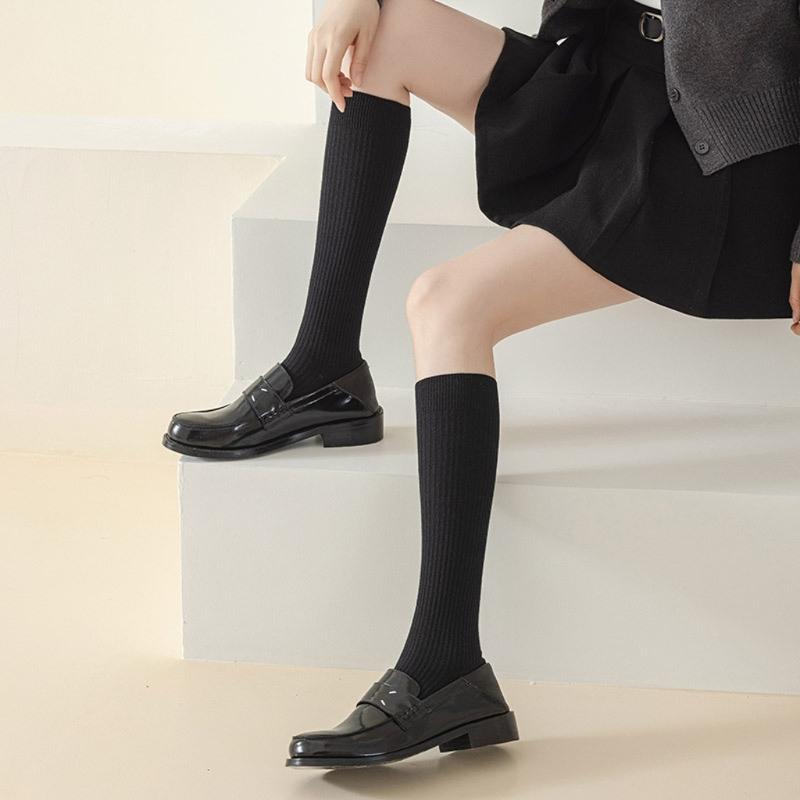 5 Pairs Women Rib Knitted Cotton Over The Calf Socks with Thick Double Stitching Classical Solid Color Knee Length Socks