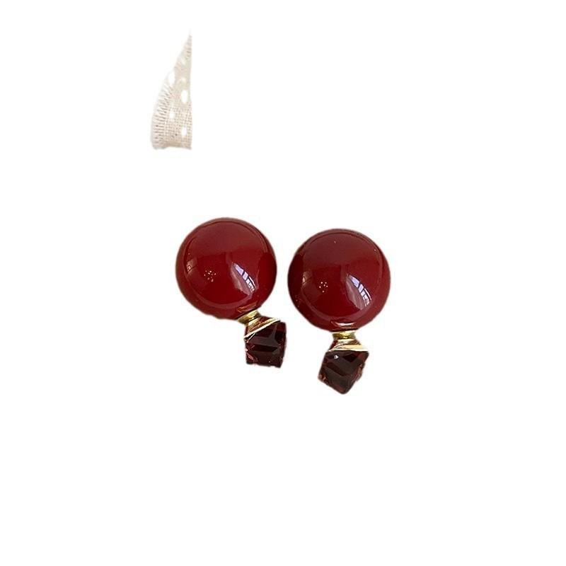 Ankola Red Pearls Wear Square Crystal Stud Earrings Before And After Women'S Niche Unique Personality Fashion Versatile Earrings
