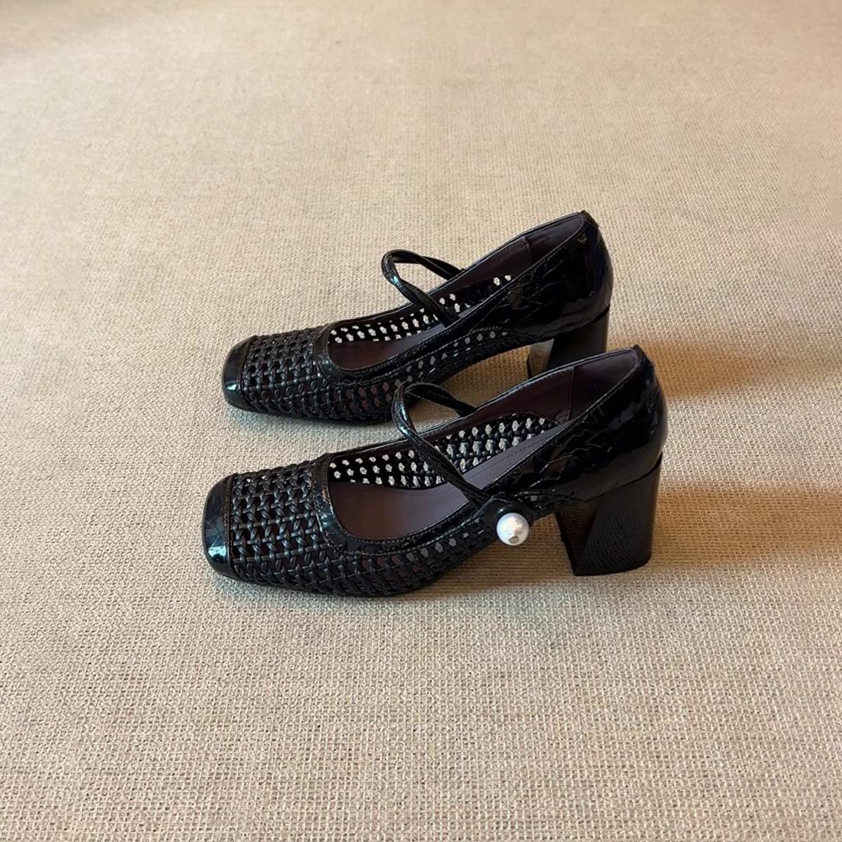 

Замшевые туфли на высоком толстом каблуке, новые туфли с квадратным носком, плетеные дышащие туфли Мэри Джейн, универсальные одинарные туфли 40