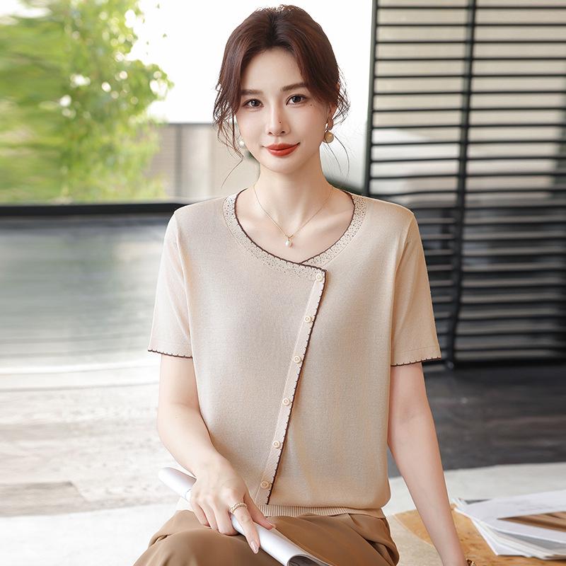 

Stylish Summer Ice Silk Short Sleeve T-shirt for Middle-aged Women XL (recommended 100-110 jin) бежевий