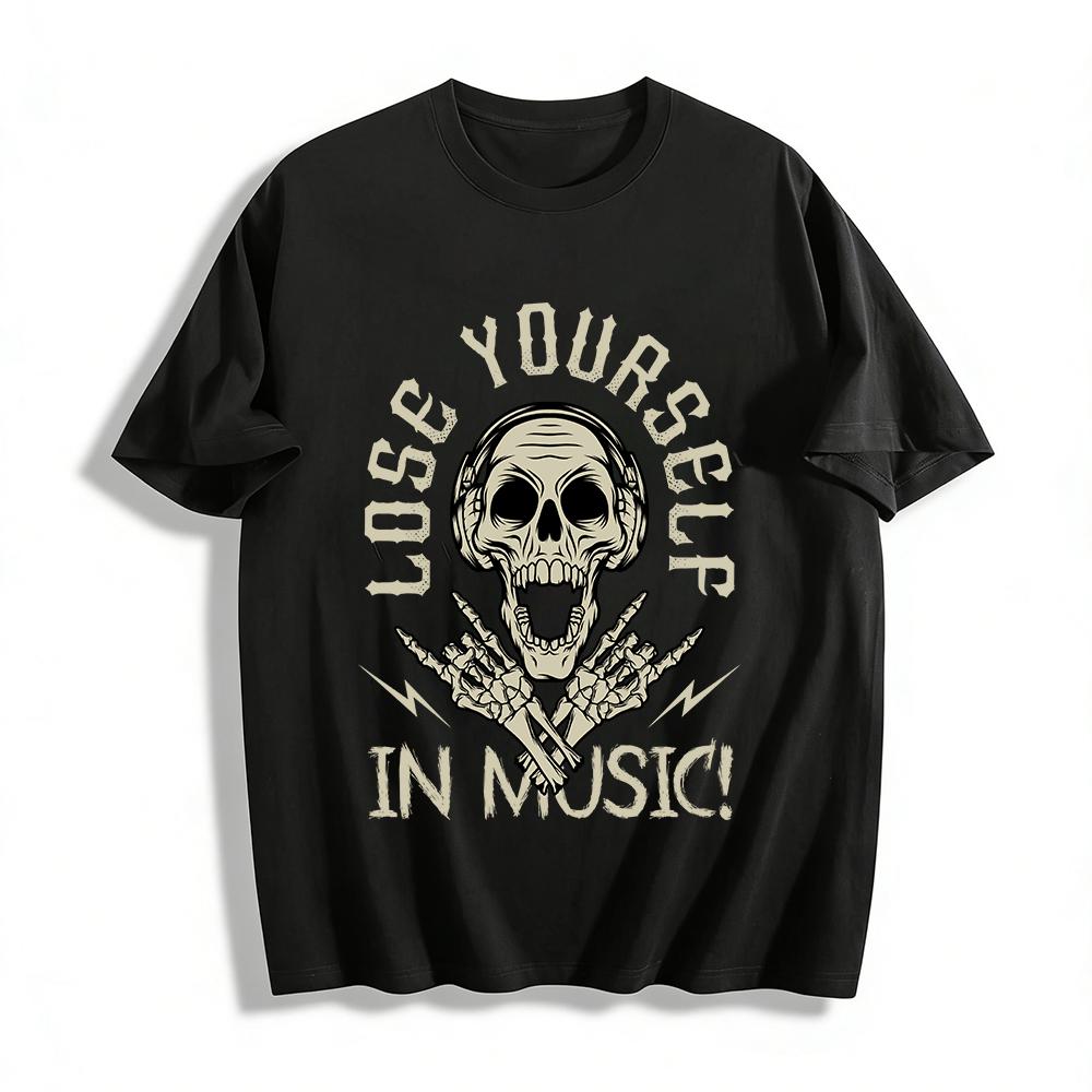 Skull With Headphones Rock Gesture Music Themed Graphic Casual Tee Pure cotton T-shirt XXS