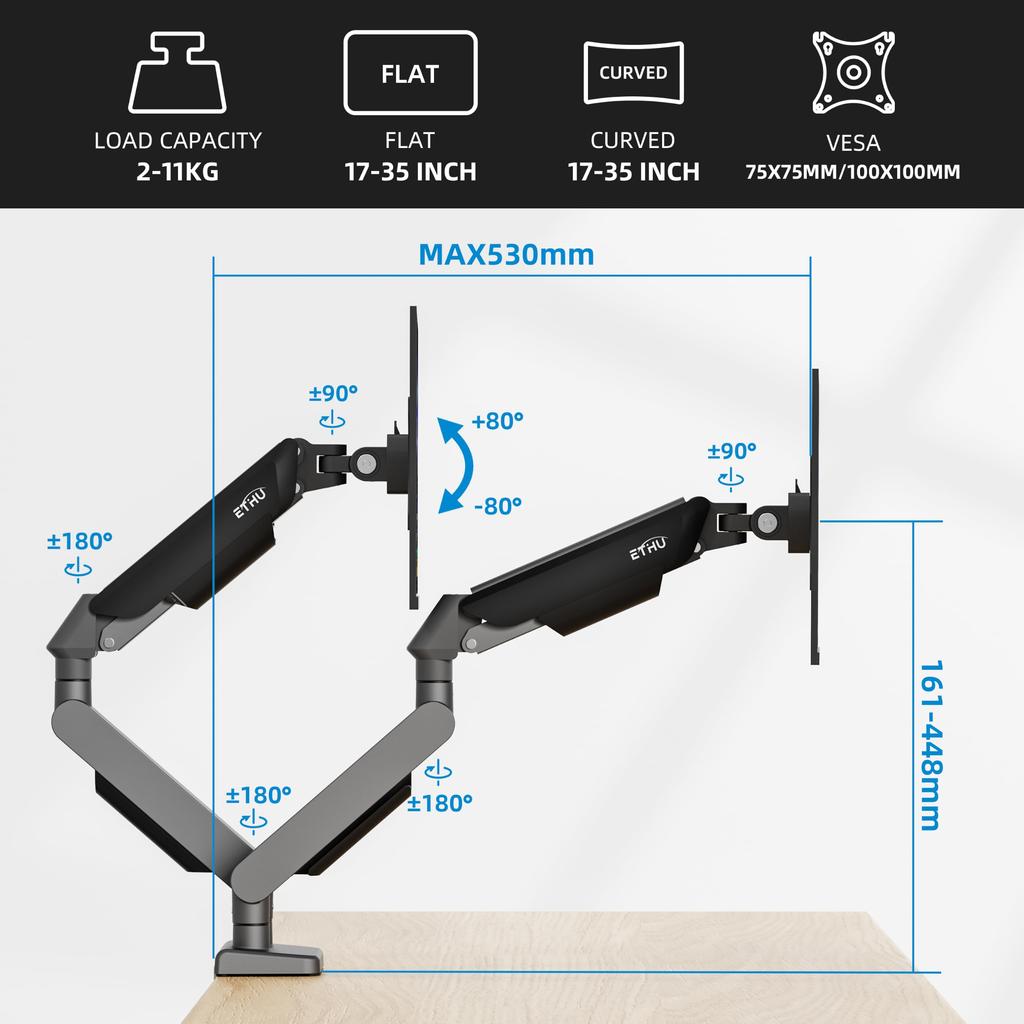 ETHU Dual PC Monitor Inch Load VESA Display Full Motion Arm, 17-35 Compatible, 2-11kg Capacity, Compatible, Stand, Adjustable, Black.