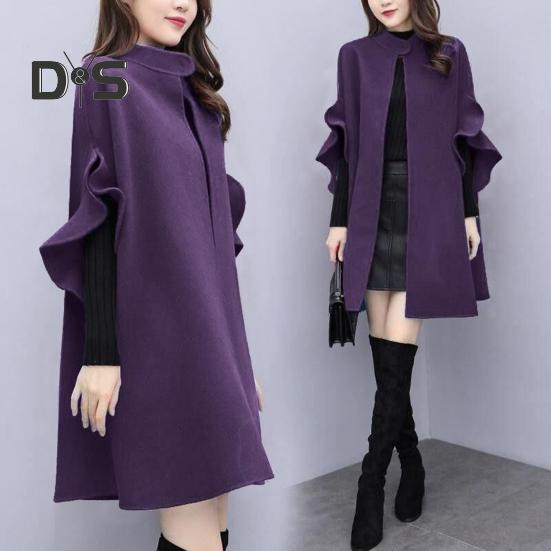 Abrigo de invierno para mujer, con mangas tipo pétalo, cuello alto, corte en A, capa de punto abierto, cárdigan de largo medio, abrigo de lana para exteriores, poncho