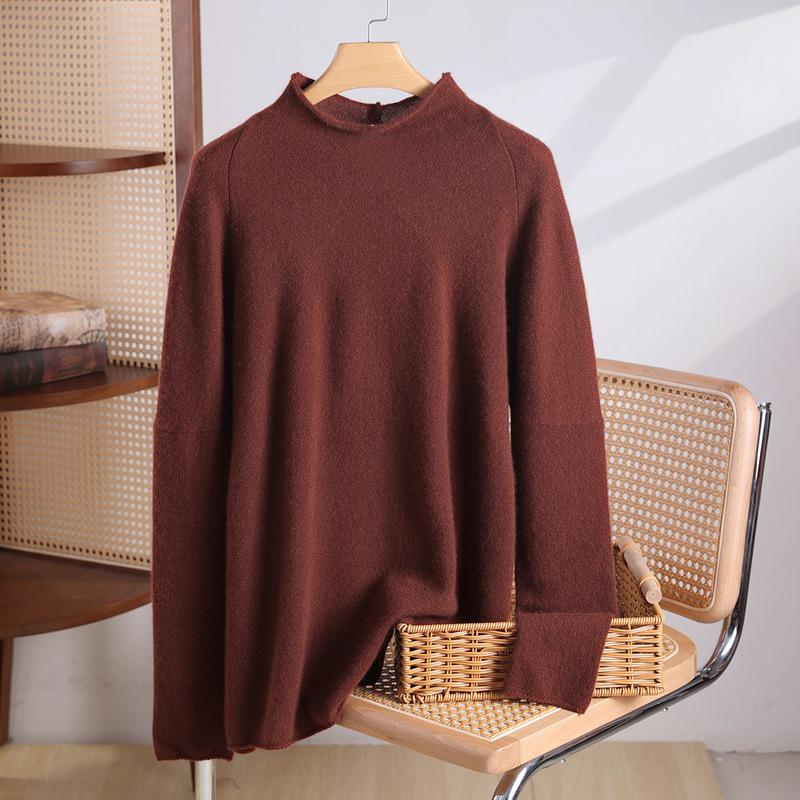 Women's Pure Cashmere Batwing Sleeve Pullover with Rolled Hem and Half-High Neck - Autumn & Winter Style