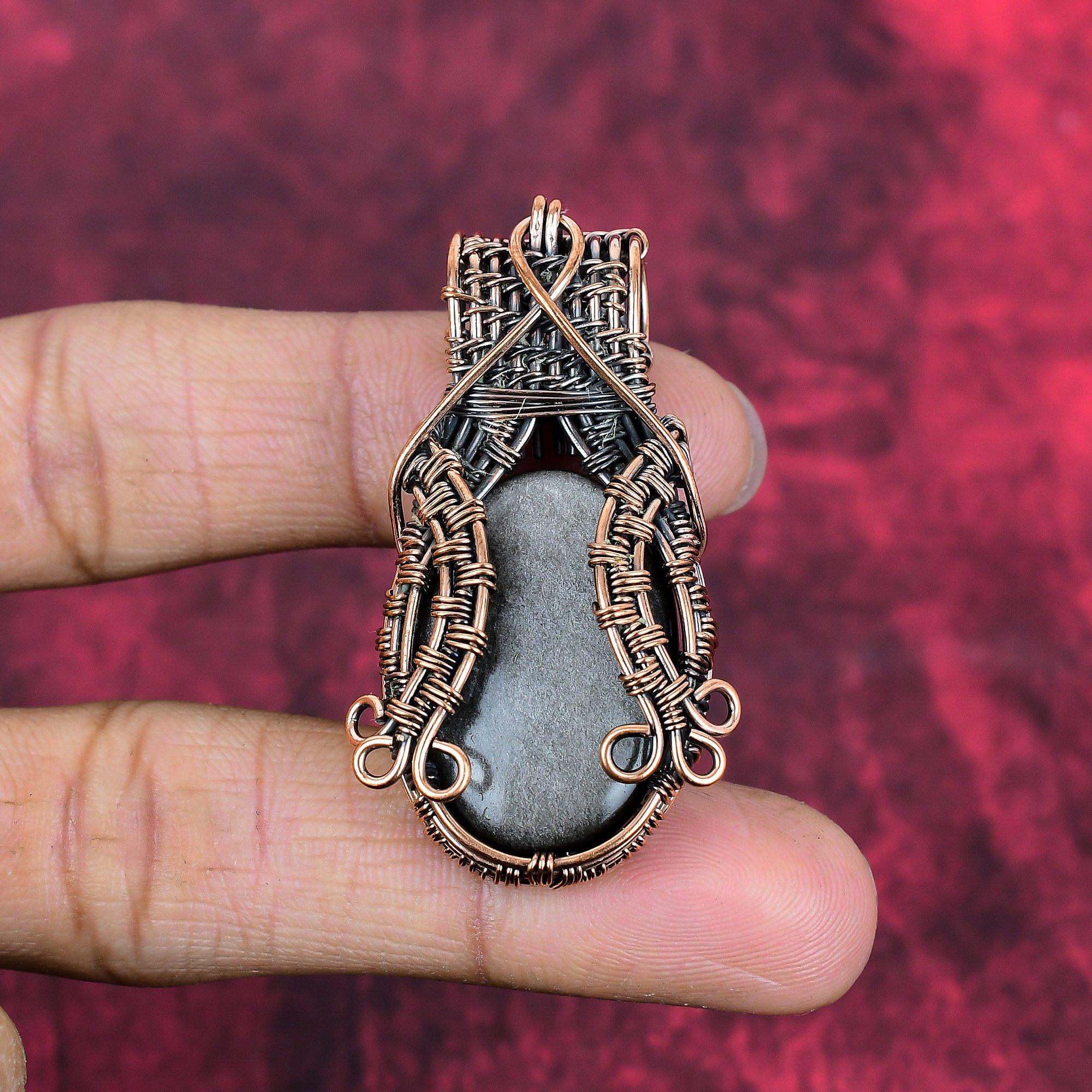 Silver sheen obsidian pendant copper wire wrapped pendant gemstone copper jewelry handmade boho pendant wire weaving pendant engagement gift