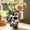 Dark Style Flower Pot Black Butterfly Skull Vase, Resin Skeleton Pen Holder, Gothic Vintage Relief Sculpture Arrangement Container, Creative