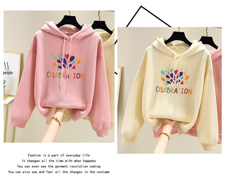 Korean Style Women's Fleece-Lined Hooded Sweatshirt, Plus Size, Loose Fit, Long-Sleeved, for Autumn and Winter.