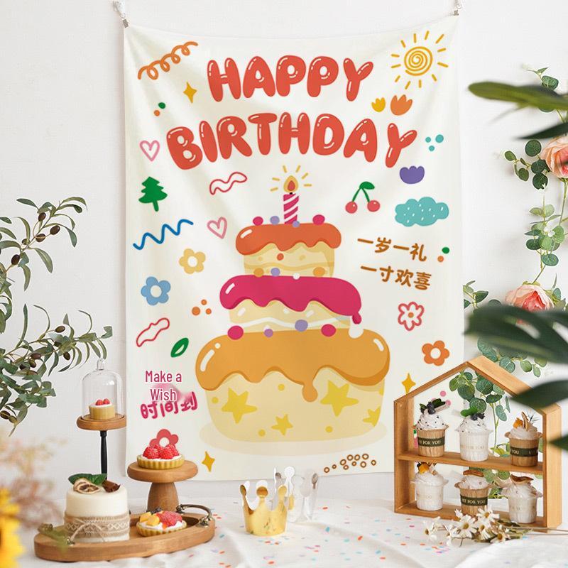 Newins Birthday Cake Velvet Wall Hanging for Dorm or Bedroom 100x70 cm (150g)