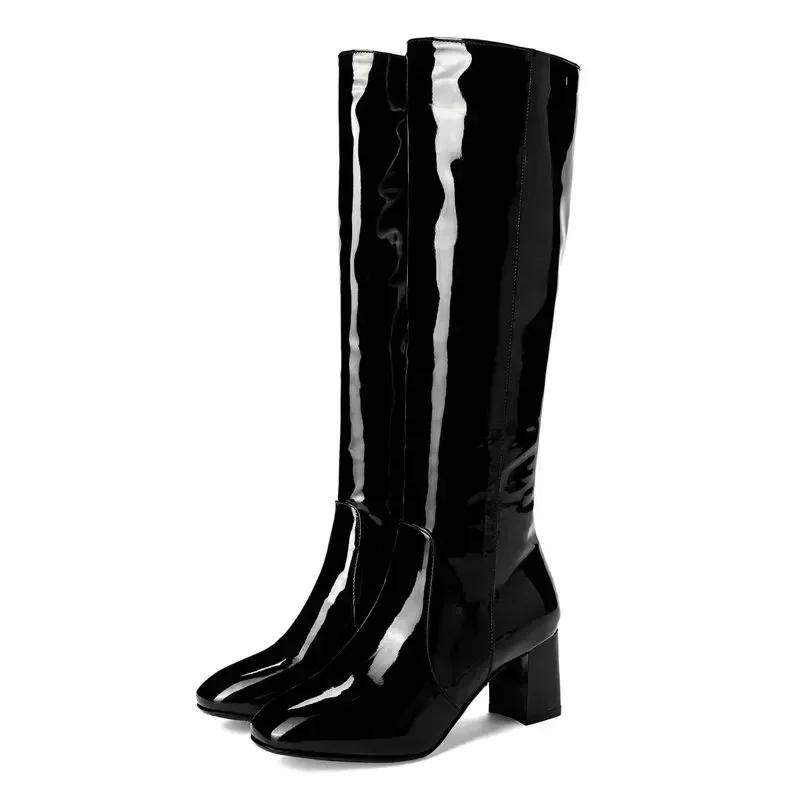 Autumn Winter Boots for Women Mid Calf Boot Zipper Cover Heel PU 6CM Knee Over Boots for Stage Performances Women Shoes White