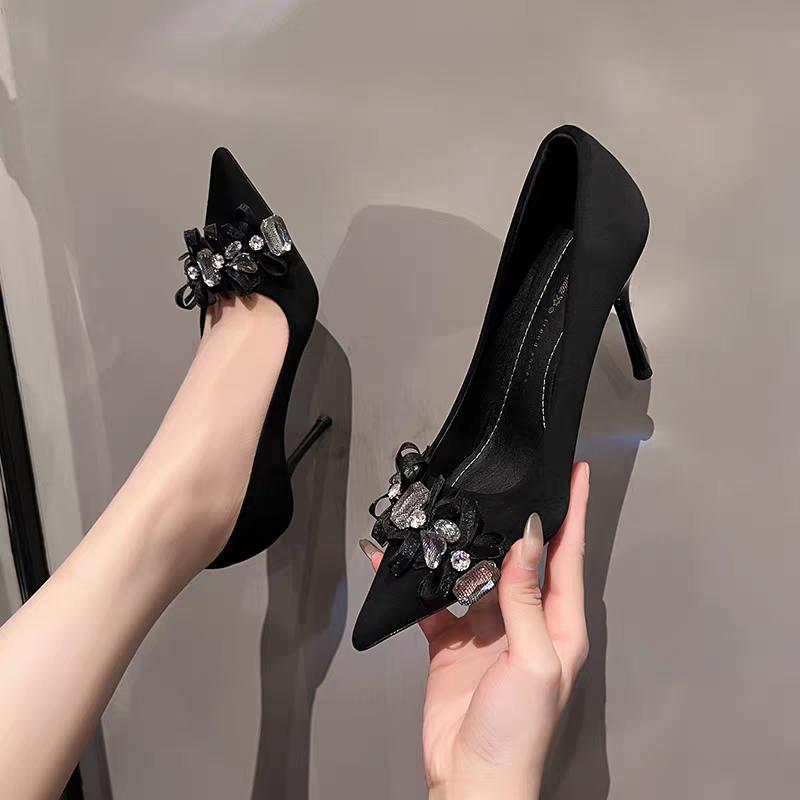 Temperament Stiletto Single Shoes Spring and Autumn New Pointed Toe Shallow Mouth Rhinestone Bow Slip-on High Heels
