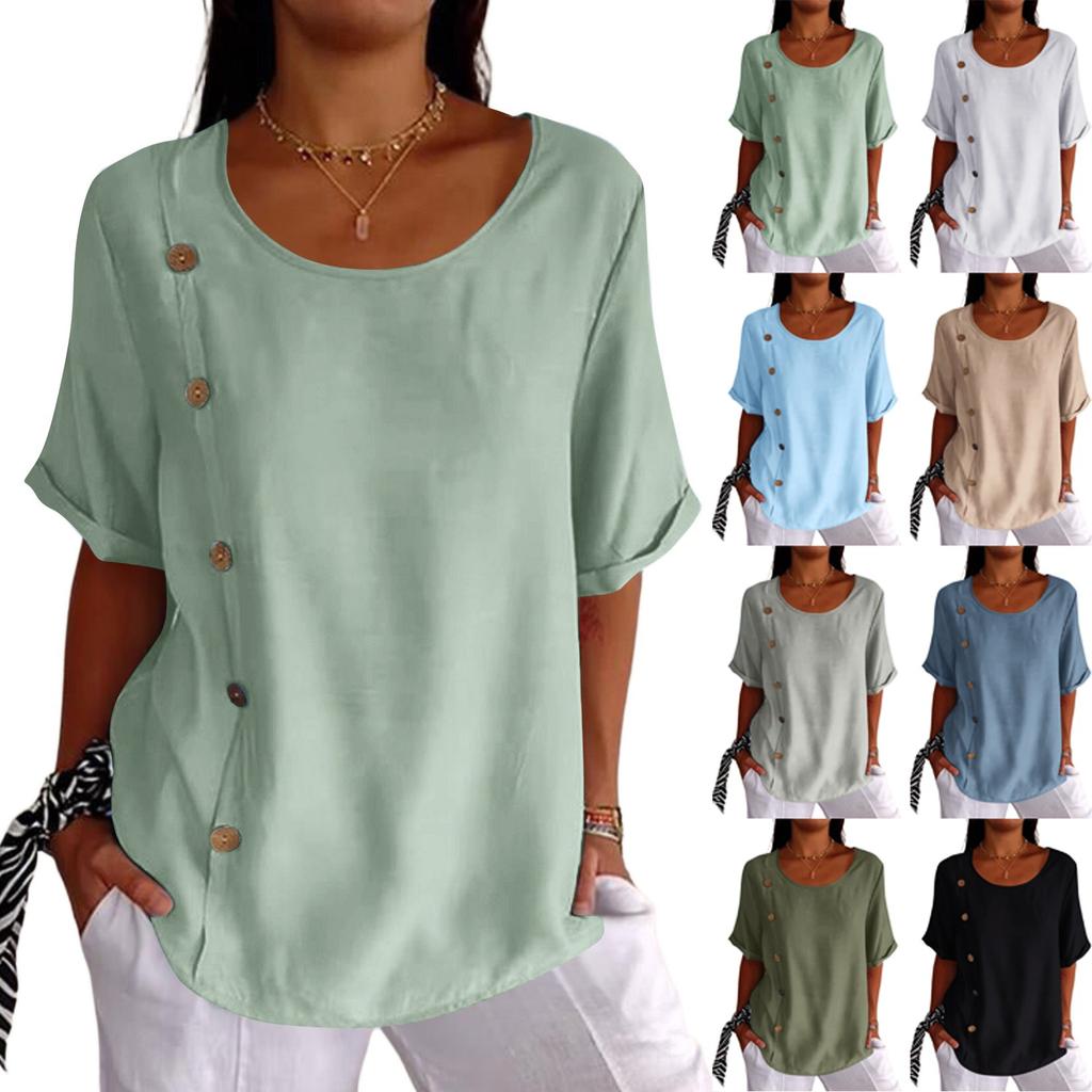 T-shirty z krótkim rękawem i dekoltem w kształcie litery "o" dla kobiet modne topy lekka, miękka, letnia koszula na co dzień z guzikami