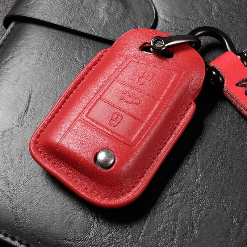 Genuine Leather Key Case for Volkswagen Sagitar, Lavida, Tiguan L, Lamando, Bora - 3D Full Wrap & One-Button Start.