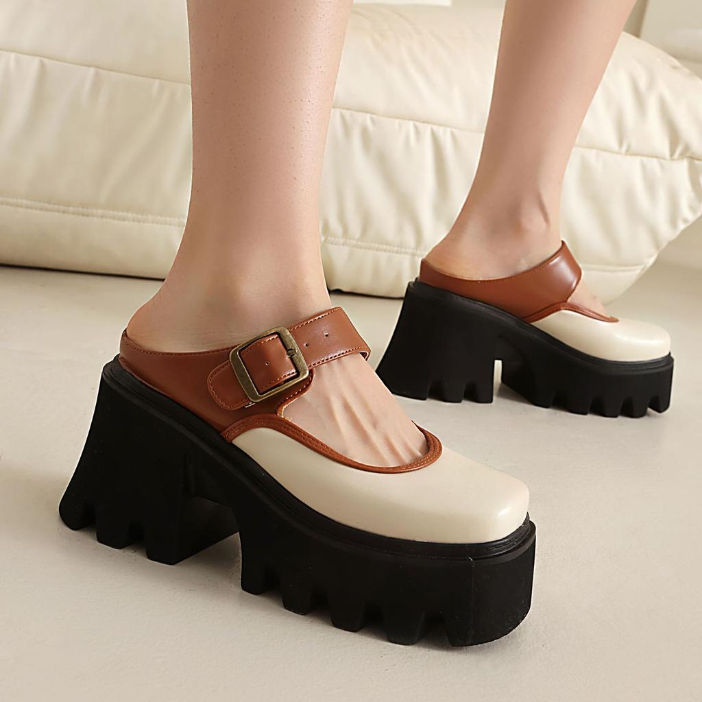 thick-soled Mary Jane shoes for  spring and autumn new retro French one-word with thick heels and light mouth jk small leather shoes for women