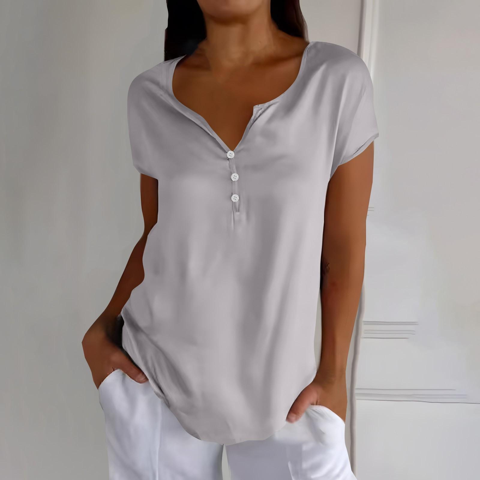 

Женская мода, свободный повседневный однотонный топ с коротким рукавом и воротником на пуговицах XL