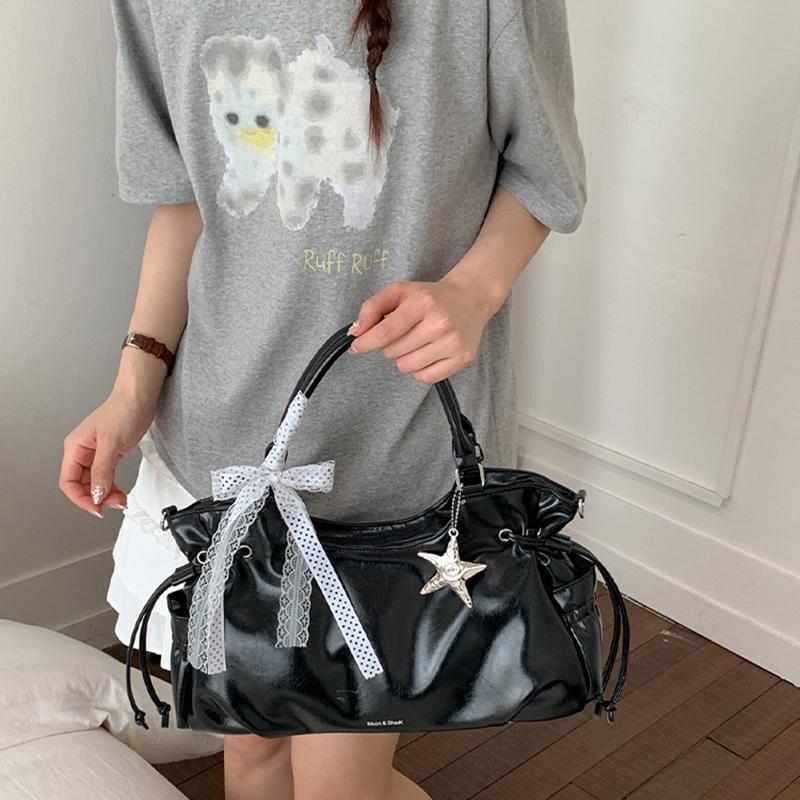 Brand Bow Lace Tote Bag Women Large Capacity Star Charm Handbag Soft Leather Drawstring Shoulder Bag Korean Commut Bucket Bag