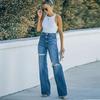 Autumn new high-waisted jeans for women, washed ripped wide-leg denim trousers