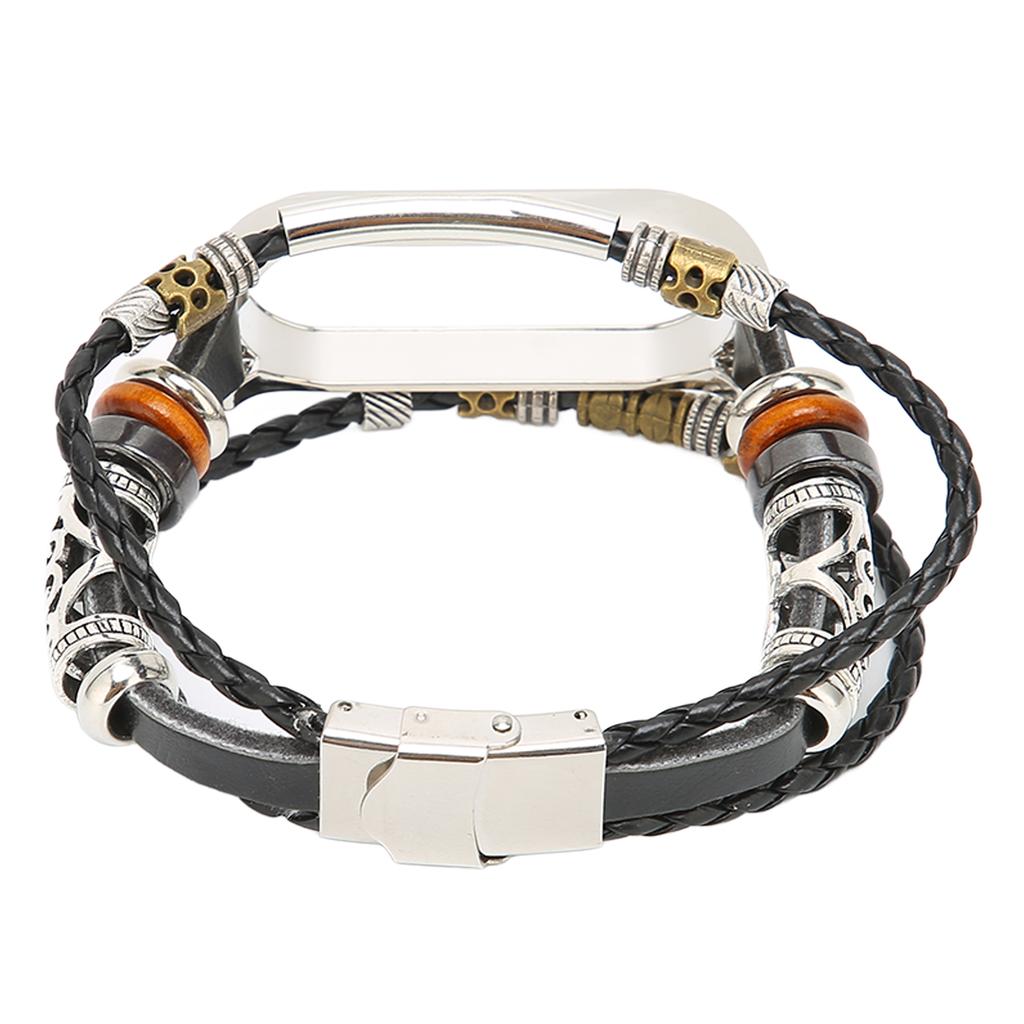Retro Leather Wrist Strap for Xiaomi Mi Band 5 6 NFC Fashion DIY Upgrade WristbandBlack Silver