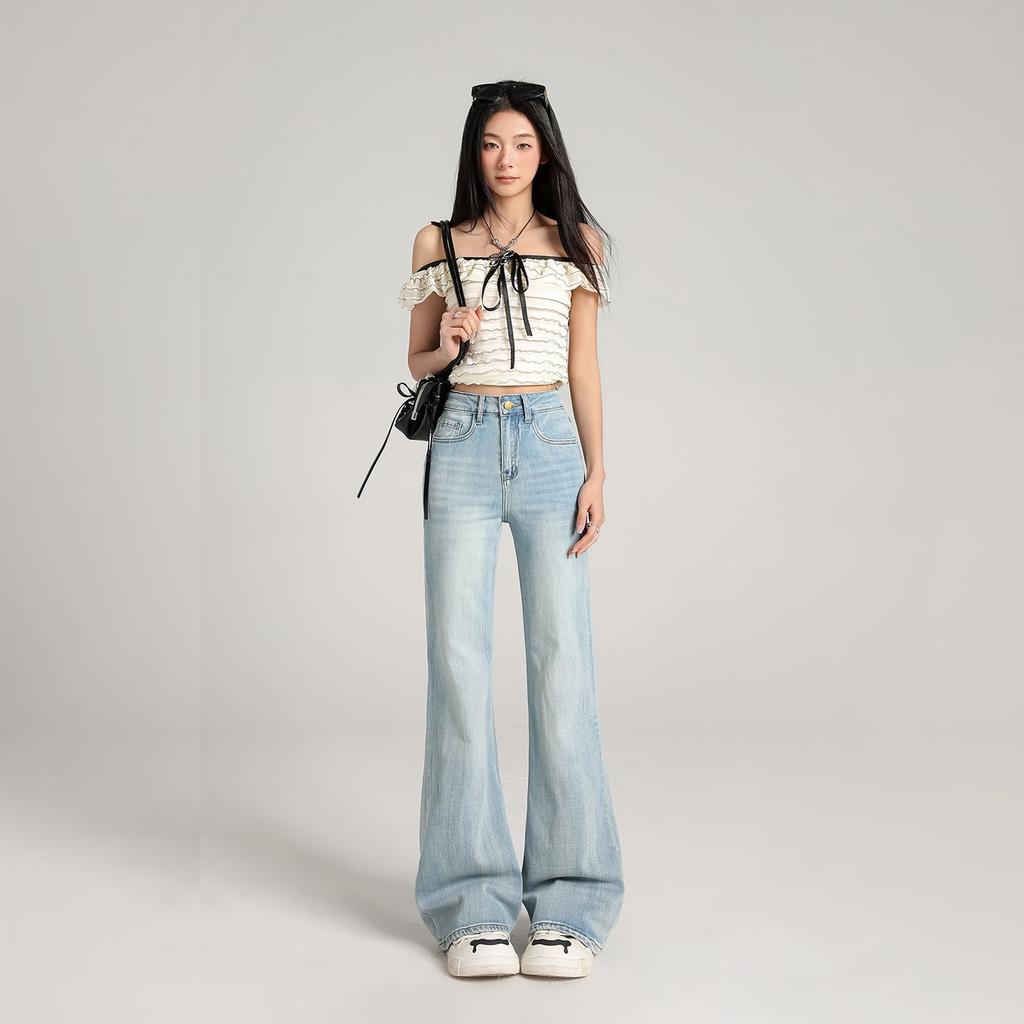 Spring Summer Vintage High Waist Non Cling Wide Leg Micro Flare Stretch Slim Elegant Denim Casual Pants Female Casual Pants Oversize Denim Trousers