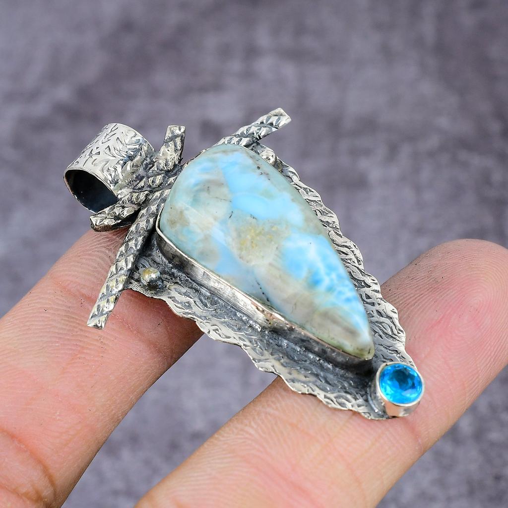 Natural Republic Larimar, Topaz Gemstone 925 Sterling Silver Pendant 2.25" ET-1436