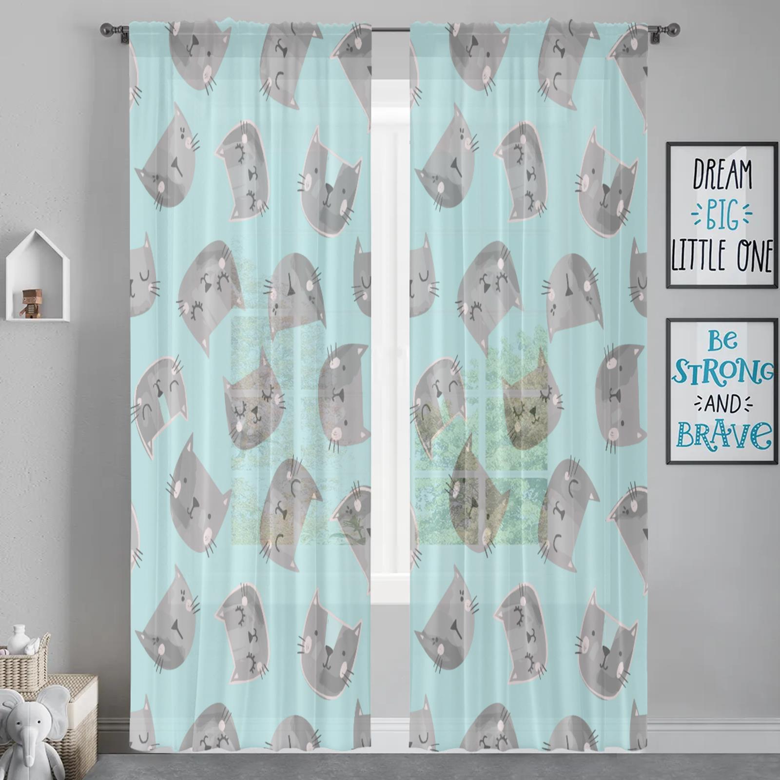 

Herdesings Мультяшные коты Прозрачные тюлевые шторы Шифоновые драпировки 2 панели Шторы для гостиной спальни кухни Декорация 2PC W74 x H91cm