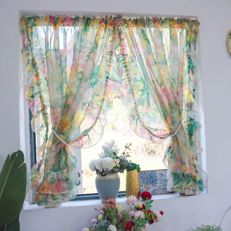 Romantic Floral Sheer Curtains for Girls Bedroom, Vintage Printed Light Filtering Privacy Semi-Sheer Sweet Ruffle Edge Curtains 2 Panels, Rod Pocket