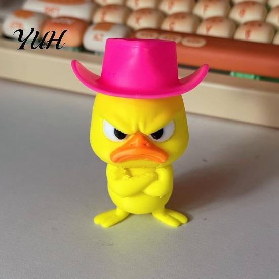 Cute Animal Sculptures Angry Duck Desk Figurine, 3D Printed Yellow Office Decoration with Cowboy Creative Birthday Gifts Hat, Little Ornament for Home