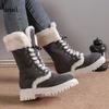 Damen Warme Faux Fur Fleece Gefütterte Faux Wildleder Klobiger Absatz Plateau Schlupfstiefel Schnürung Runde Zehenpartie Mid-Calf Winter Schneestiefel