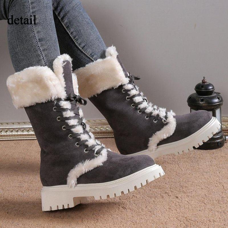 Damen Warme Faux Fur Fleece Gefütterte Faux Wildleder Klobiger Absatz Plateau Schlupfstiefel Schnürung Runde Zehenpartie Mid-Calf Winter Schneestiefel