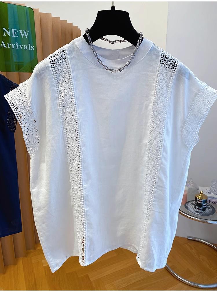 Women's White Lace Cotton Top - 2025 Summer Flutter Sleeve Patchwork Design