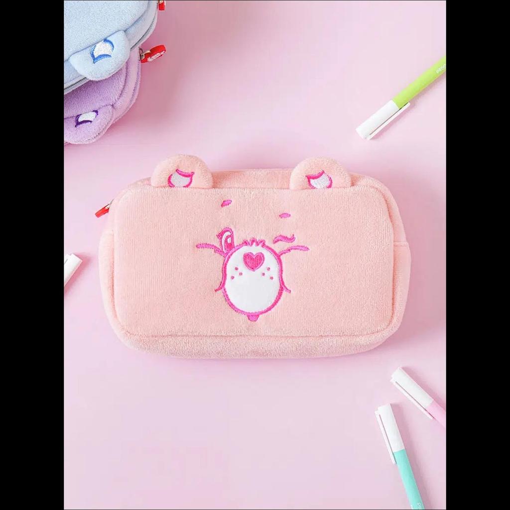 [K-Stationery] Daiso Korea Care Bears Pluch Embroidery Pencil Case - Cute Pink Bear Pouch & Organizer