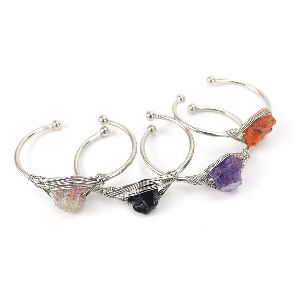 Hand-Wound Natural Crystal Rough Stone Amethyst Agate Bracelet, Bracelet Opening Adjustable B08