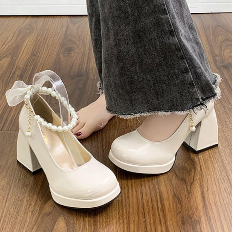 Fashion Women's High Heels Elegant Bow Black Fashion High Heels Thick Heels Wedding Party Pearl Lace Wedding Shoes Women