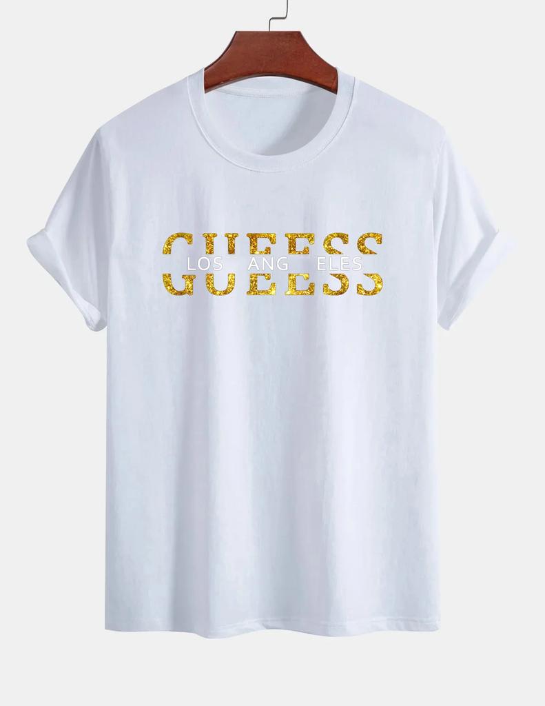 2025 Summer Men's T-shirt 100% Pure Cotton Casual Loose Fashion GUESS Los Angeles Letter Harajuku Print Short-sleeved T-shirt To
