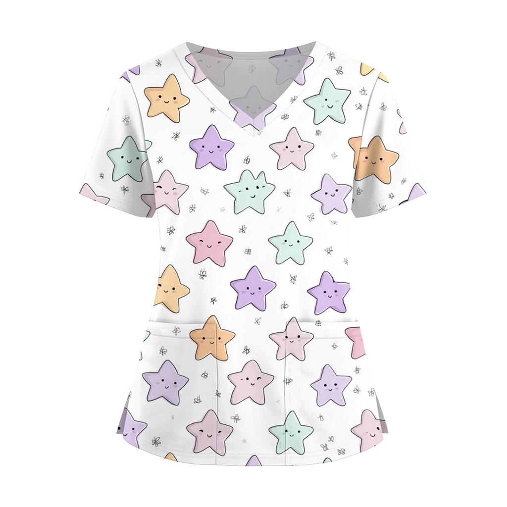 Women's Fashion V-Neck Short Sleeve Overalls With Pockets Print Tops Clothes