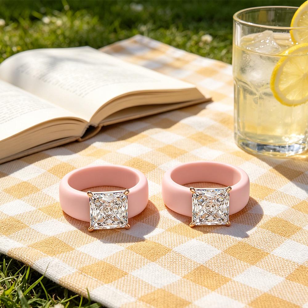 S/Set Anillo de Silicona Rosa con Circonita Cuadrada Chapado en Oro Rosa Montura de Garras Banda de Compromiso para Mujeres Apilable Ajuste Cómodo Nosotros