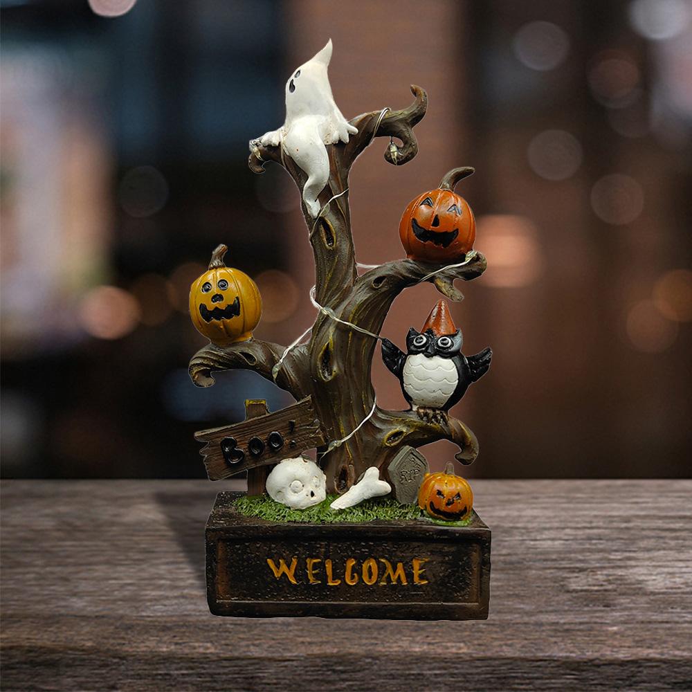 1Pcs Halloween Pumpkin Ghost Tree Atmosphere Colorful Light Luminous Resin Craft Ornaments For Halloween Home Indoor Party Decor