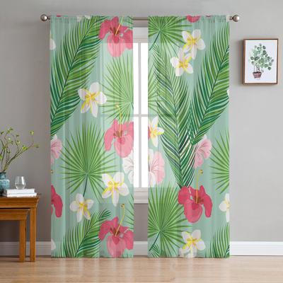 Cortinas de tule com folhas de plantas tropicais e hibisco para decoração de sala de estar e quarto, cortina de janela de chiffon transparente e voile