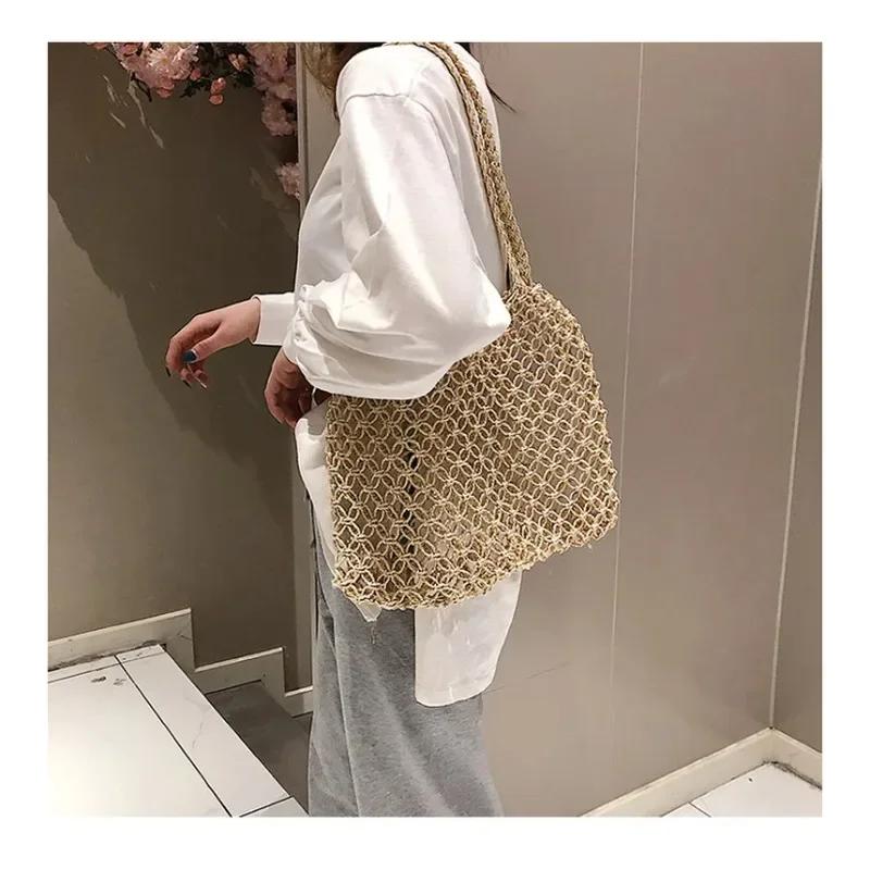 New Wind Cotton Handmade Woven Beach Bag One Shoulder Portable Leisure Hollowed Out Tourism and Vacation Fishing Net Bag